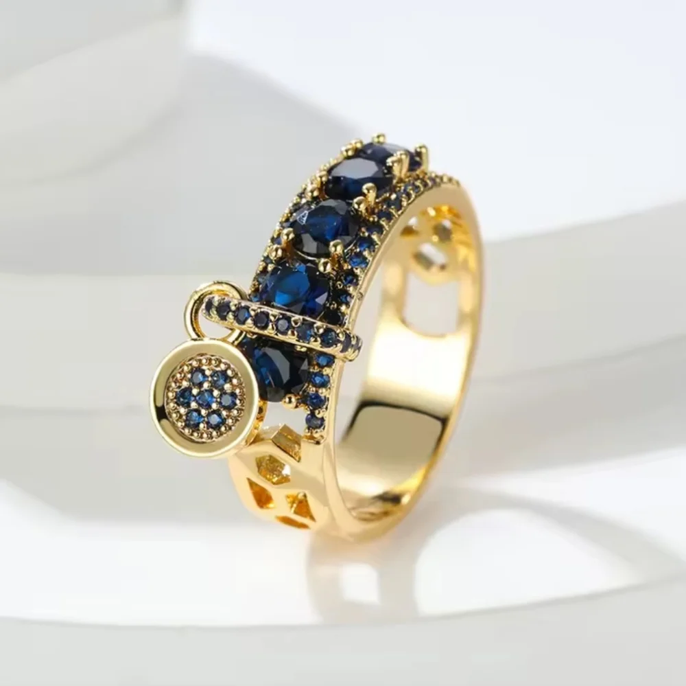 Elegant Golden and Blue Gemstone Ring Sz 8